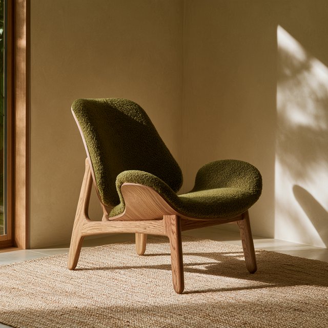 In a quiet reading-room corner, an unbranded lounge chair pairs a curved ash frame with nubby moss-green wool upholstery, set on a pale jute rug before a warm plaster wall; broad window diffusion and soft bounce shape this commercial product image, with no lettering. — Midjourney V8.2