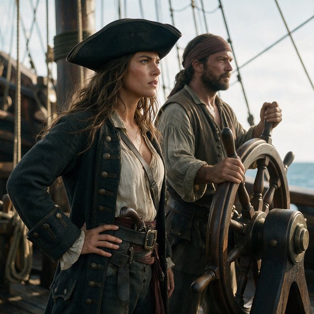 A pirate woman wearing a tricorne hat and an open coat stands behind the helmsman, scanning the horizon for danger. — Seedream 5.0 Pro