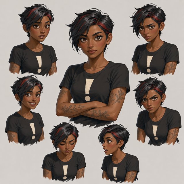 Character exploration sheet of the same 25-year-old Indian woman in several bust and waist-up studies, varied expressions and three-quarter views, one larger central portrait. Warm brown skin, black pixie haircut with red streaks, tattoos, tight T-shirt bearing an exclamation mark (!). Plain warm light-gray background, irregular painted edges. Stylized semi-realistic digital painting with animation-inspired proportions, large expressive eyes, strong brows, simplified anatomy and convincing volume. Minimal linework, soft blended facial shading, broad angular brushstrokes on clothing. Luminous warm brown skin with terracotta undertones, subtle blush, restrained highlights. Hair painted in sculpted masses with broad highlights and fine flyaways. Muted charcoal and earthy neutrals, soft directional studio lighting, detailed eyes and lips, loose edges and unfinished brushwork. — FLUX 3 Image