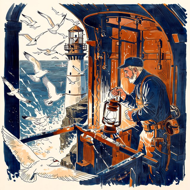 Ink-and-watercolour illustration of an adult lighthouse keeper repairing a brass lantern inside a windswept cliff tower, gulls circling beyond the window and sea spray glowing below. Palette of navy, rust, seafoam, and warm ivory, with expressive linework. — Midjourney Niji 7