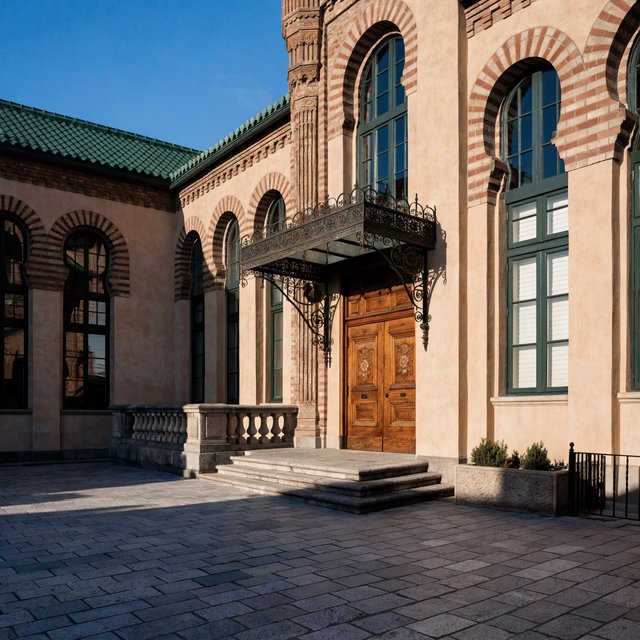 Exterior of a Moorish Revival municipal bathhouse, pale buff stucco, striped brick arches, green glazed tile roof and carved cedar doors; clear morning light, viewed across a paved courtyard, with coherent structure and crisp lines. — Recraft v4 Pro
