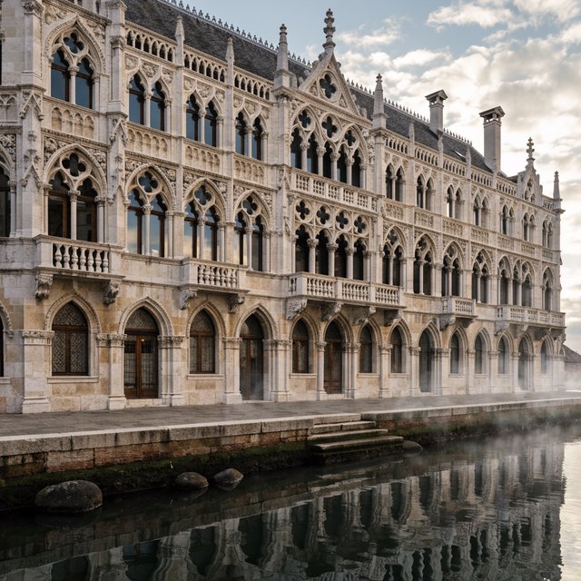 Exterior of a Venetian Gothic opera house beside a quiet canal, pale Istrian limestone, pointed arches, quatrefoil tracery, and a steep slate roof; cool morning light, viewed from across the water, crisp masonry lines and believable structure. — Recraft v4