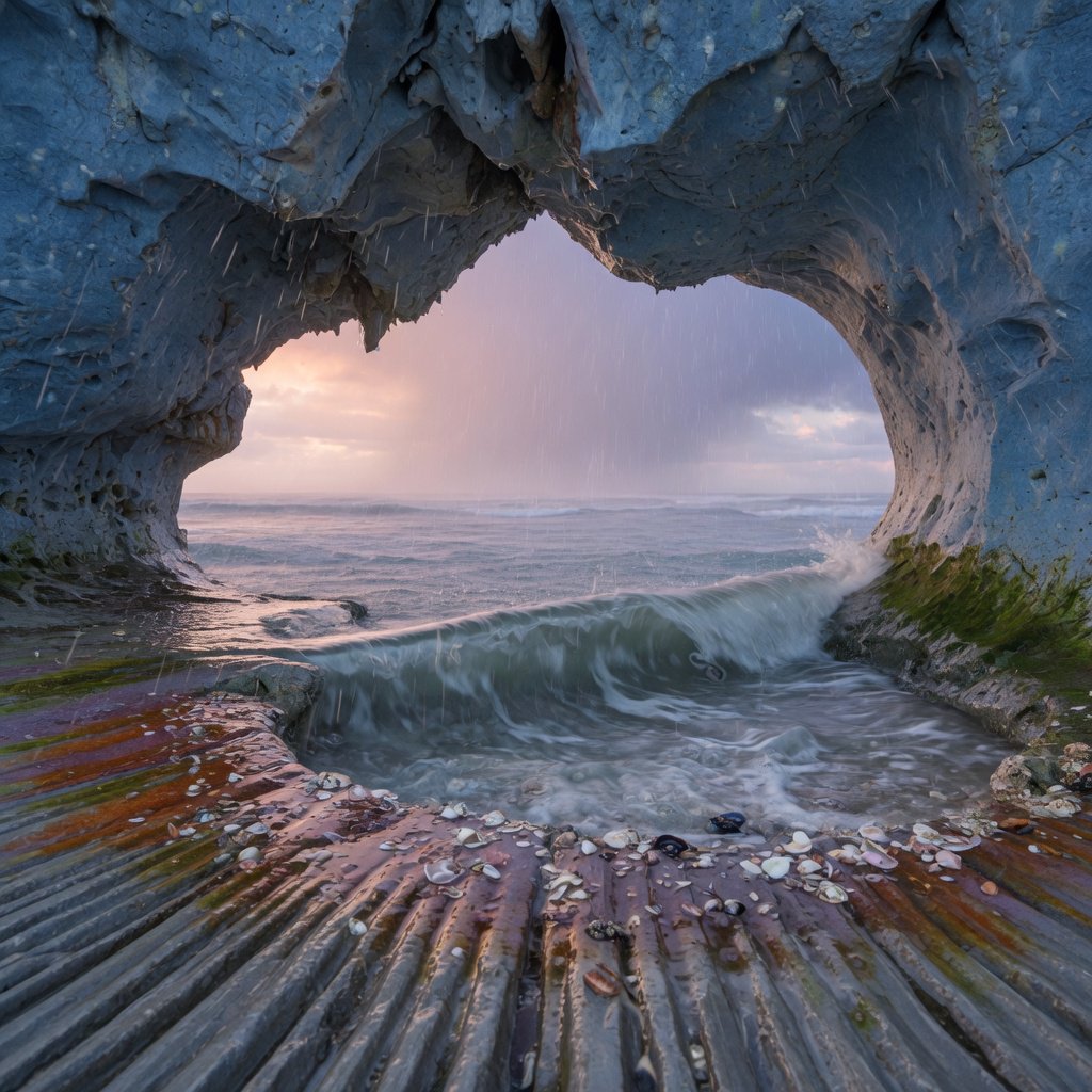 Inside a blue-grey sea cave, incoming swells curl over ribbed limestone beneath a clearing rain squall in late afternoon; wet mineral bands and shell fragments sharpen the entrance ledge, while the cavern mouth frames hazy open water. — Grok Imagine Image Quality