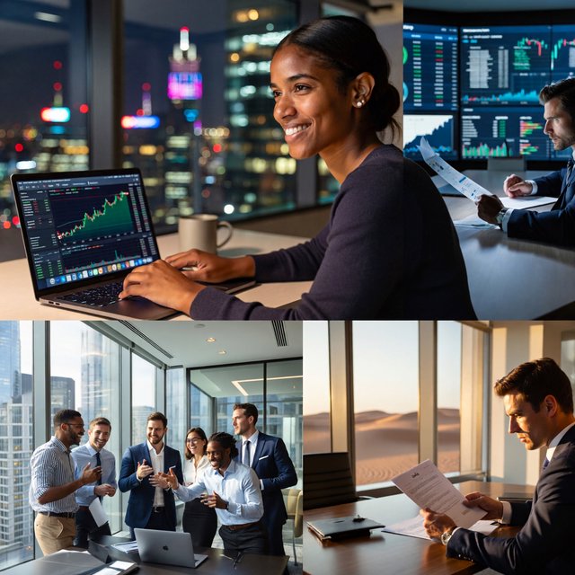 An image about people making a lot of money around the world, shown in 4–6 scenes. Realistic image. — ImagineArt 2