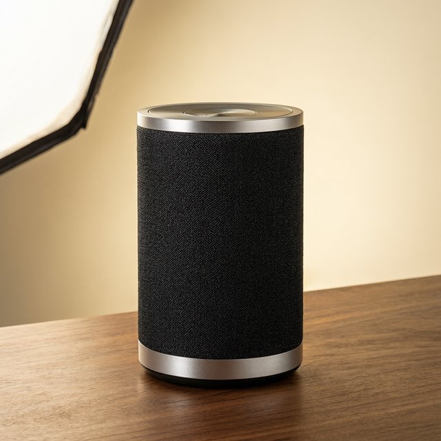 Commercial product photograph of an unbranded wireless speaker made from textured black fabric and satin aluminum, placed on a walnut tabletop against a warm cream background, illuminated by a large softbox and subtle backlight. — Qwen Image 3.0 Pro