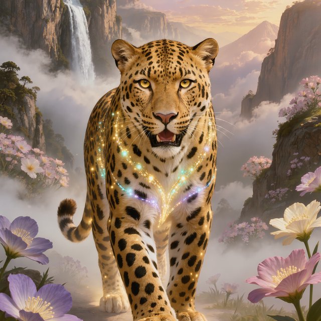 A majestic leopard, its fur detailed in intricate glowing fiber optics, emerges from a dreamlike, mist-shrouded floral mountain landscape with a waterfall in the background. The scene is bathed in ethereal light, evoking a sense of awe and wonder. — Kling v3 Omni