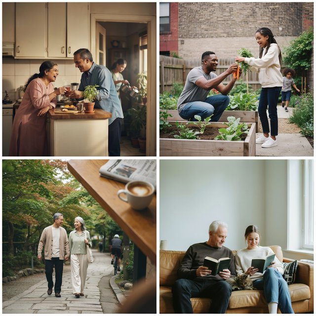 Realistic. Adults around the world finding abundant wealth, family, and joy in their lives. The vibe is very good but also casual. — Ideogram v4