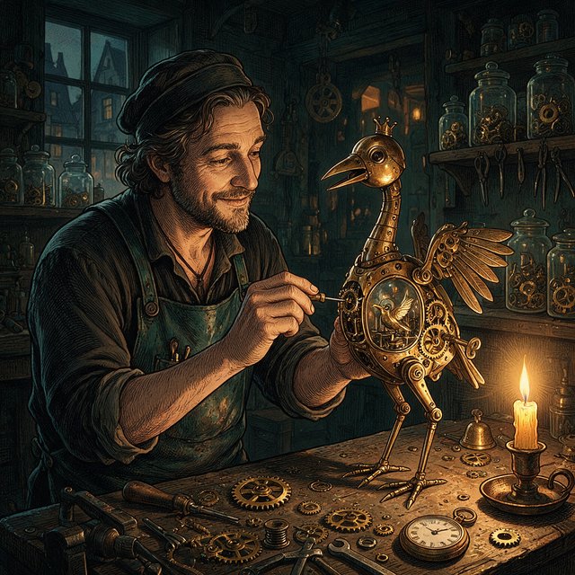 Engraved ink illustration of an adult clockmaker assembling a whimsical brass automaton in a candlelit workshop, with gears, springs, and glass jars surrounding the bench. Palette of charcoal, copper, teal, and honey yellow, with crisp crosshatching and warm shadows. — Seedream 5.0 Pro