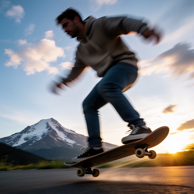 A man wearing a hoodie, jeans, and sneakers rides a skateboard that has taken off the ground. A low angle shows the man on the skateboard up in the air at high speed, with a snow-capped peak in the background beneath a setting sun in the evening sky. — Krea 2 Medium