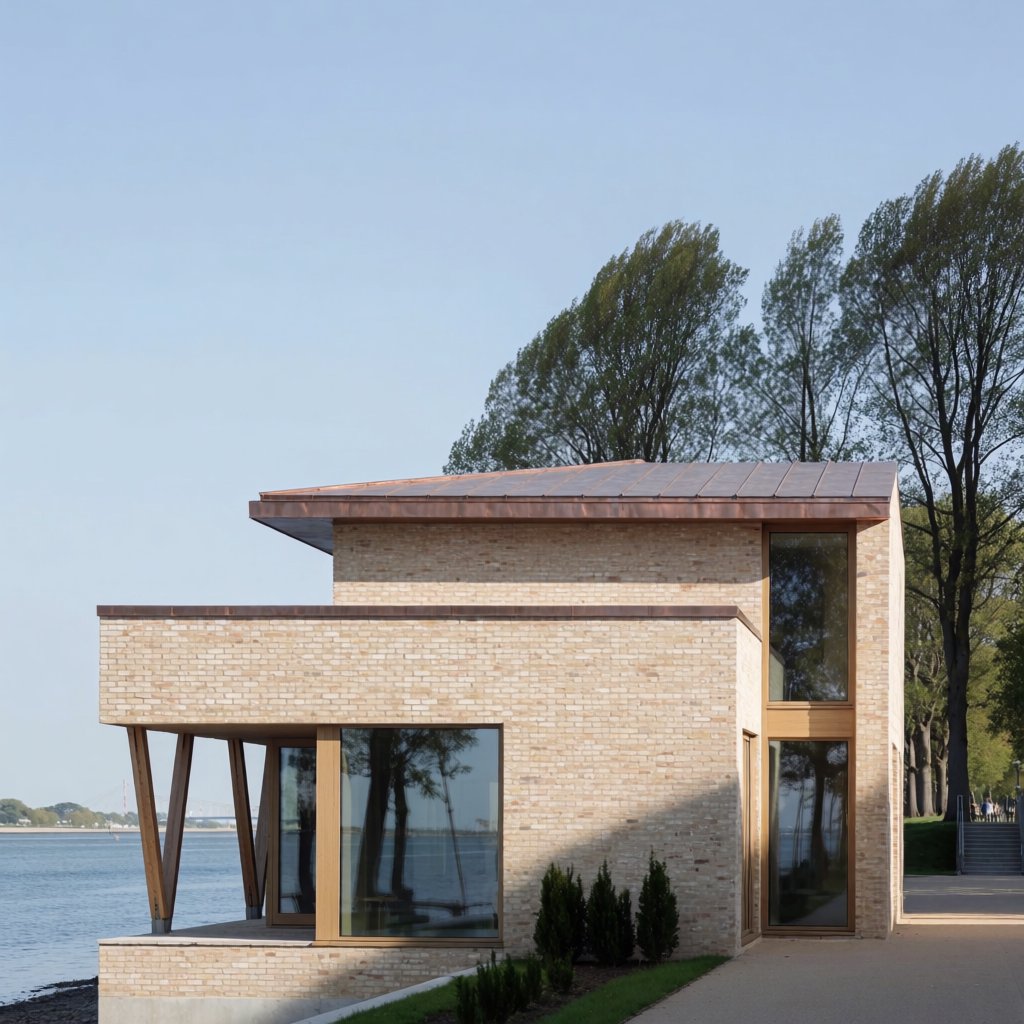 A riverside public library in contemporary Nordic brick architecture combines pale buff brick, oak-framed glazing, and a copper roof; cool morning light grazes its elevations, viewed from across the promenade, with straight lines and credible supports. — Krea 2 Medium