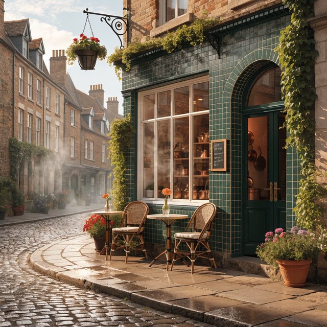 A tiny corner café in a narrow European street, green tiled facade, two bistro tables, morning light, no people. — Recraft v4