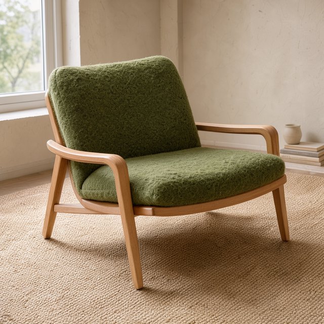 In a quiet reading-room corner, an unbranded lounge chair pairs a curved ash frame with nubby moss-green wool upholstery, set on a pale jute rug before a warm plaster wall; broad window diffusion and soft bounce shape this commercial product image, with no lettering. — FLUX 3 Image Klein