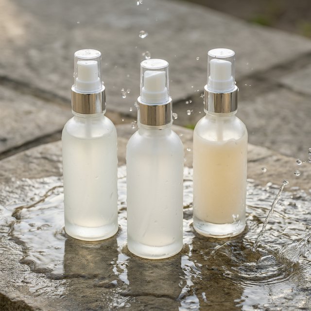 Three frosted glass skincare bottles on a wet stone surface with a splash of water, morning light, shallow depth of field. — Qwen Image 3.0