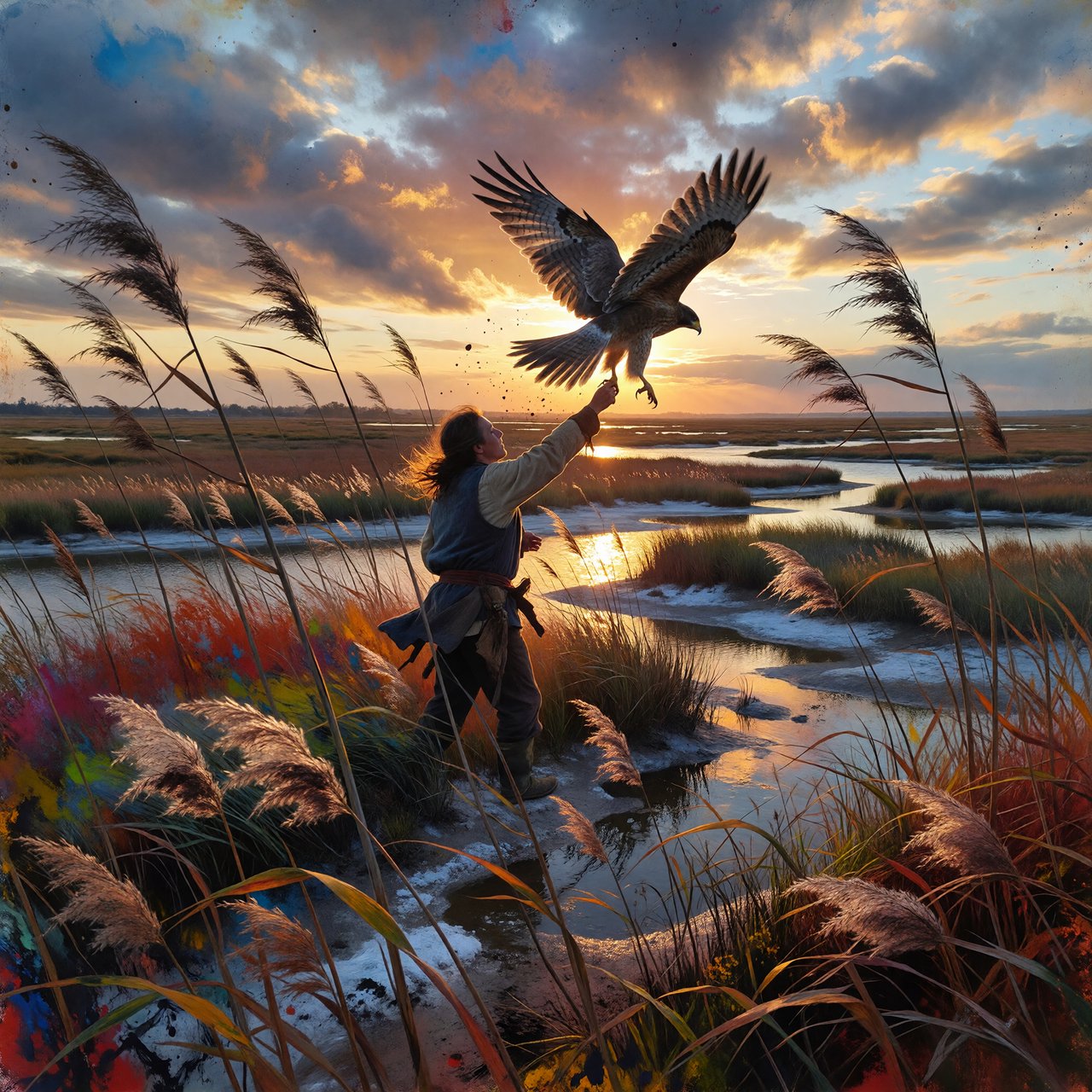 Ink-and-gouache illustration of an adult falconer releasing a hawk above a salt marsh, reeds bending in the wind and tidal pools catching sunset. Palette of rust, moss green, pale gold, and slate blue, with lively brushwork. — ImagineArt 1.5 Pro