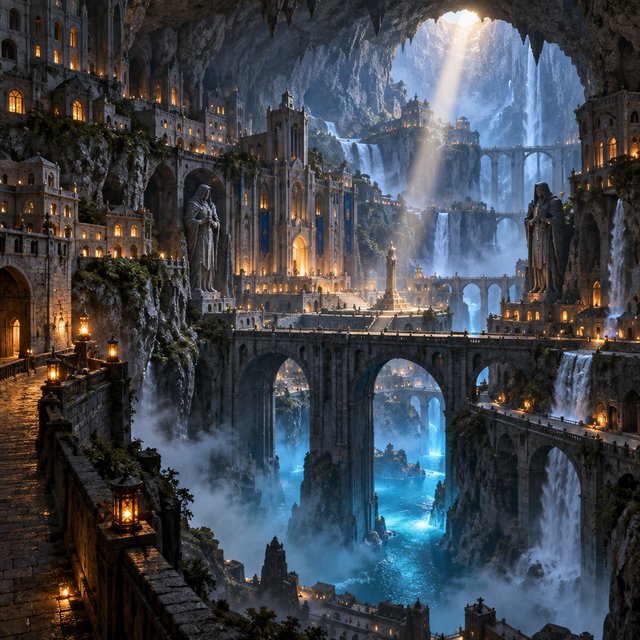 An ancient city carved inside a hollow mountain glows with windowlight, its terraced bridges spanning a blue-lit cavern while mineral mist rises around distant waterfalls and a narrow beam of sunrise reaches the deepest plaza. — GPT Image 2.5 Sunburst