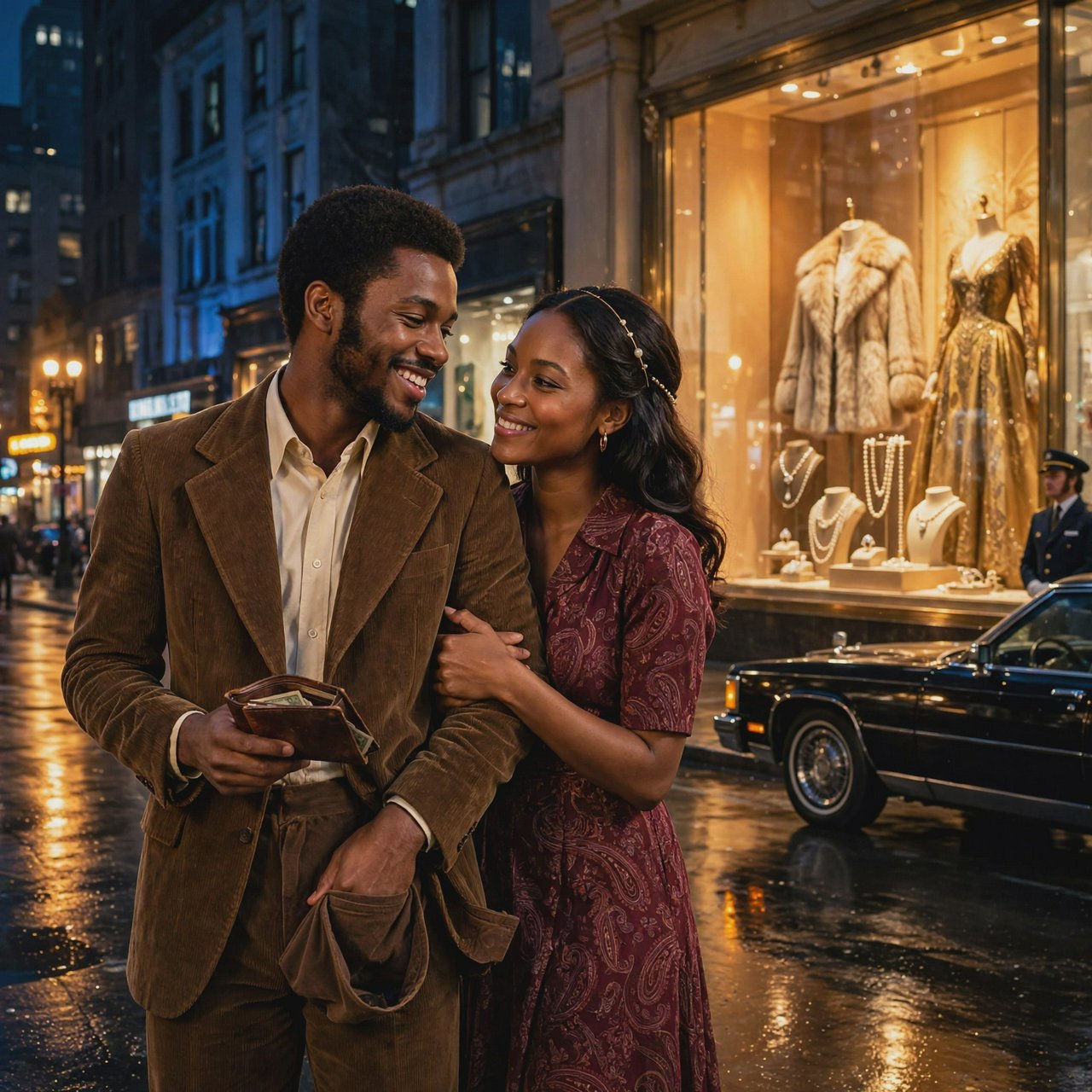 Cinematic city scene at night, with the glamour of 1970s soul romance. In the foreground, a young Black man in a modest brown wide-lapel suit smiles at his adult beloved, playfully turning out his empty trouser pocket while holding an almost-empty wallet. His adult girlfriend wears a burgundy patterned dress and delicate hairband; she holds his arm and gazes at him lovingly, unconcerned by his lack of money. Beside them, a grand department-store window glows amber, displaying a luxurious fur coat, regal evening gown, diamond rings and strings of pearls. In the glass, their reflections appear elegantly dressed, hinting at the lavish life he dreams of giving her. A polished black limousine waits at the curb beside a uniformed chauffeur. Wet pavement mirrors golden lights; deep blue city buildings balance the amber, cream and burgundy palette. Warm, joyful, sincere mood; realistic faces and hands, detailed fabrics and reflections. No text, borders or collage. — Muse Image 1.0