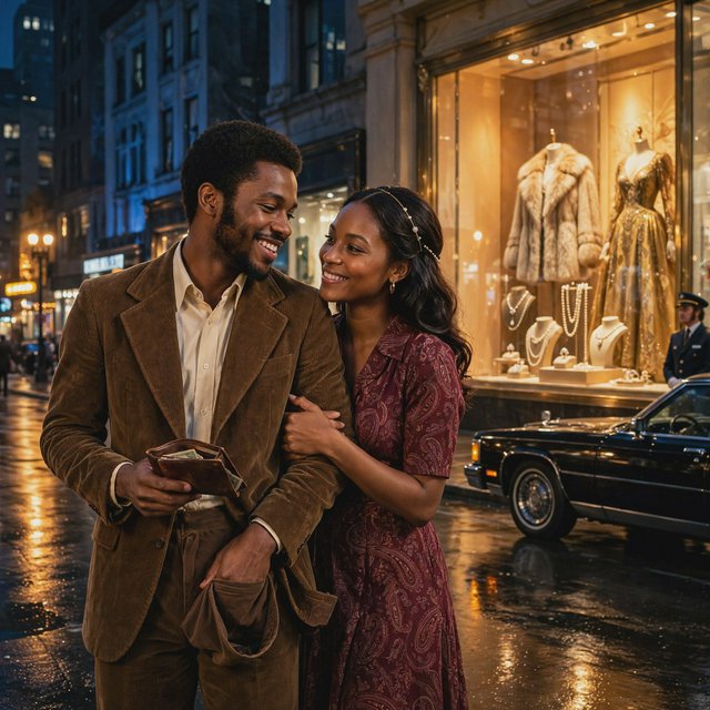 Cinematic city scene at night, with the glamour of 1970s soul romance. In the foreground, a young Black man in a modest brown wide-lapel suit smiles at his adult beloved, playfully turning out his empty trouser pocket while holding an almost-empty wallet. His adult girlfriend wears a burgundy patterned dress and delicate hairband; she holds his arm and gazes at him lovingly, unconcerned by his lack of money. Beside them, a grand department-store window glows amber, displaying a luxurious fur coat, regal evening gown, diamond rings and strings of pearls. In the glass, their reflections appear elegantly dressed, hinting at the lavish life he dreams of giving her. A polished black limousine waits at the curb beside a uniformed chauffeur. Wet pavement mirrors golden lights; deep blue city buildings balance the amber, cream and burgundy palette. Warm, joyful, sincere mood; realistic faces and hands, detailed fabrics and reflections. No text, borders or collage. — Muse Image 1.0