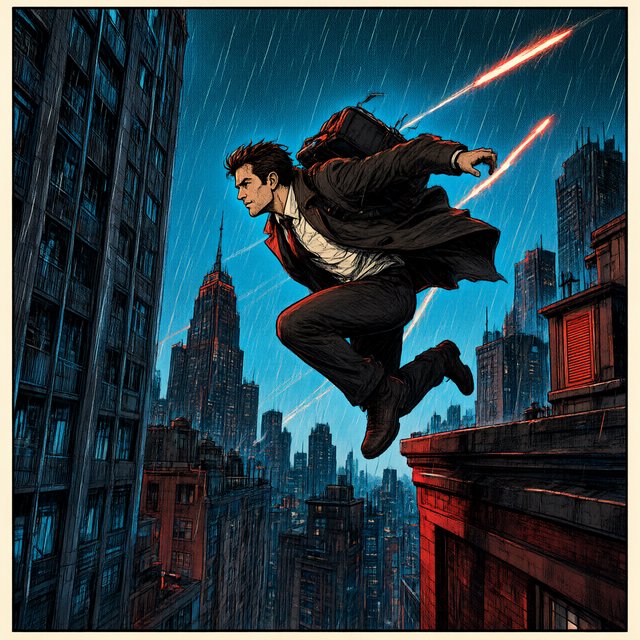 An adult rooftop courier vaults between rain-dark towers, coat snapping as signal flares streak behind; bold ink comic-panel illustration with dense halftone shadows, palette of electric cyan, vermilion, charcoal, and cream, no speech bubbles. — Qwen Image 3.0