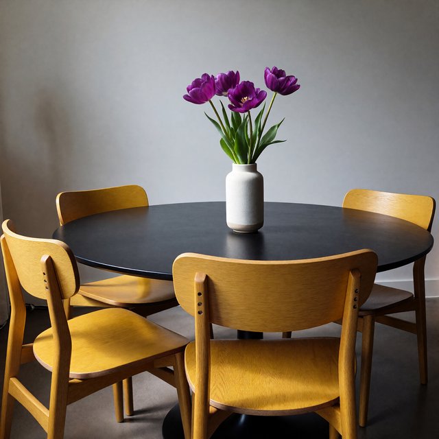 Exactly four yellow wooden chairs surround a round black table: two chairs at the front, one on the left, and one on the right. A white vase with three purple tulips sits at the table center, nothing else. — ImagineArt 1.5 Pro