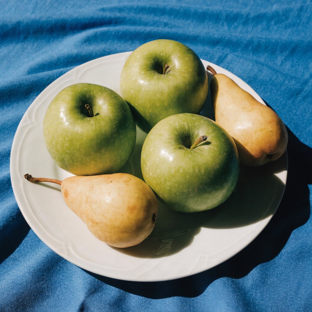 Exactly three green apples and two yellow pears on a white plate, the plate on a blue tablecloth, nothing else on the table. — Recraft v4