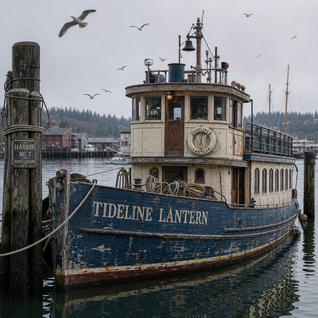 At a quiet harbor, a weathered wooden ferry rests beside slick pilings, ropes coiled on deck as gulls wheel overhead; "TIDELINE LANTERN" is painted in faded ivory letters along the blue hull. — GPT Image 2
