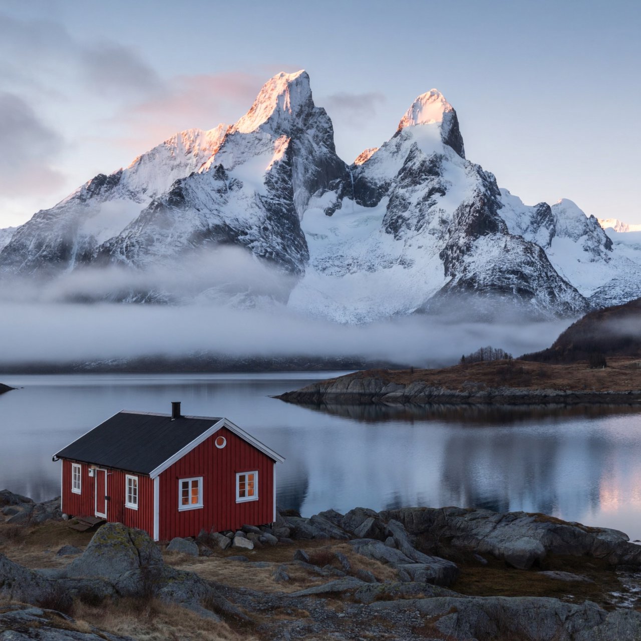 A Norwegian fjord at dawn, mist over still water, a single red cabin on the shore, snow on the peaks, wide angle. — ImagineArt 2