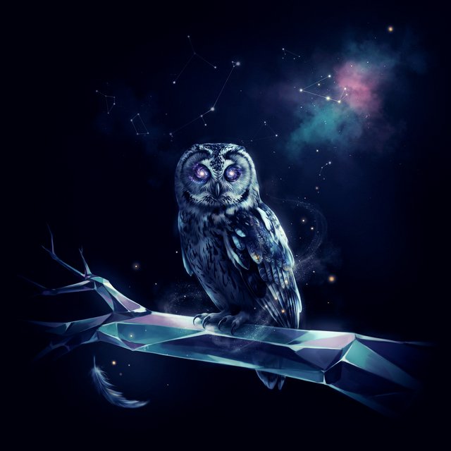An ethereal owl with feathers made of shimmering moonlight and eyes like miniature galaxies, perched on a branch of a crystalline tree that grows in a void. Wisps of cosmic dust drift around it, and faint constellations are visible in the background. The scene evokes a sense of profound tranquility and celestial mystery. Style: Ethereal, surrealism, with a touch of photorealism. — Ideogram v4