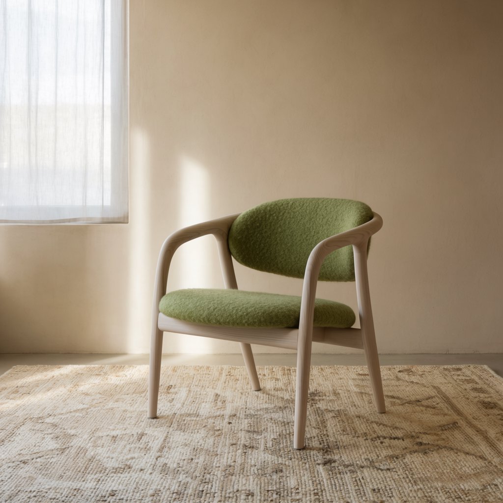 In a quiet reading-room corner, an unbranded lounge chair pairs a curved ash frame with nubby moss-green wool upholstery, set on a pale jute rug before a warm plaster wall; broad window diffusion and soft bounce shape this commercial product image, with no lettering. — Krea 2 Large
