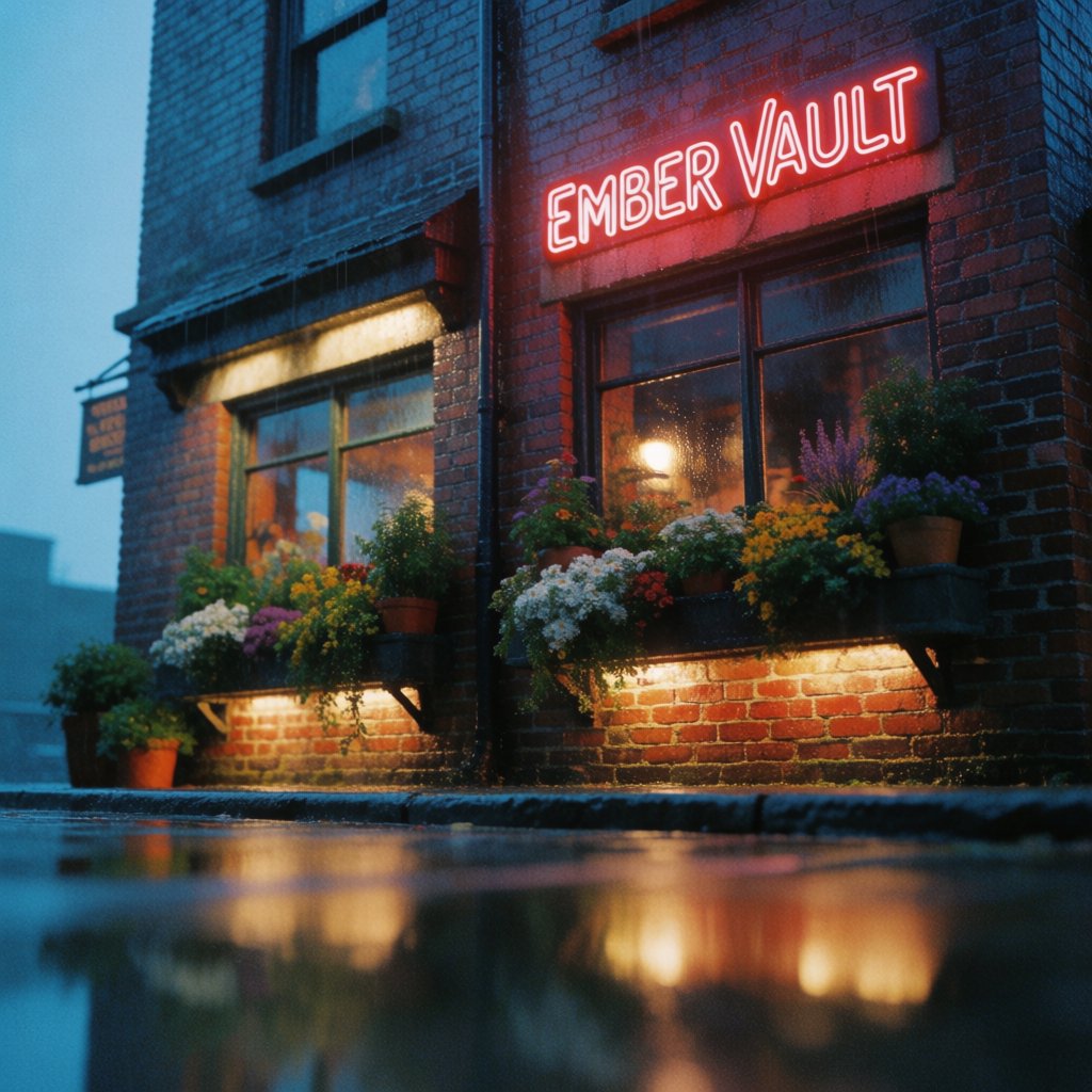 At dusk, a narrow flower shop with rain-dark brick, overflowing window boxes, and warm interior light; the invented name "EMBER VAULT" is rendered in red neon tubing above the entrance, reflected in puddles. — Krea 2 Medium