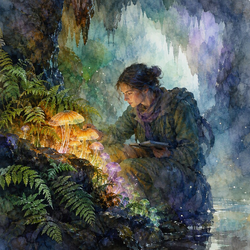Watercolour illustration of an adult botanist studying luminous fungi in a misty cave, with fern fronds, glistening stone and drifting spores. Palette of jade, lilac, amber, and deep indigo, with translucent washes. — GPT Image 2.5 Flare