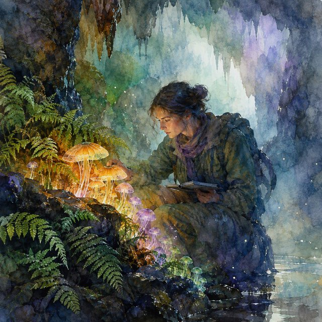 Watercolour illustration of an adult botanist studying luminous fungi in a misty cave, with fern fronds, glistening stone and drifting spores. Palette of jade, lilac, amber, and deep indigo, with translucent washes. — GPT Image 2.5 Flare
