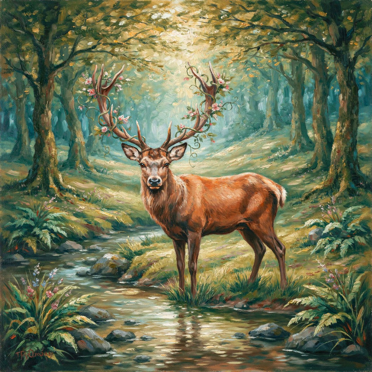 A majestic deer, its antlers intertwined with blooming vines, pauses by a crystal-clear stream in an enchanted glade. Sunlight filters through the canopy, dappling the forest floor. This is an oil painting with a rich, textured surface, capturing the dreamlike atmosphere of the scene. — Ideogram v4.5