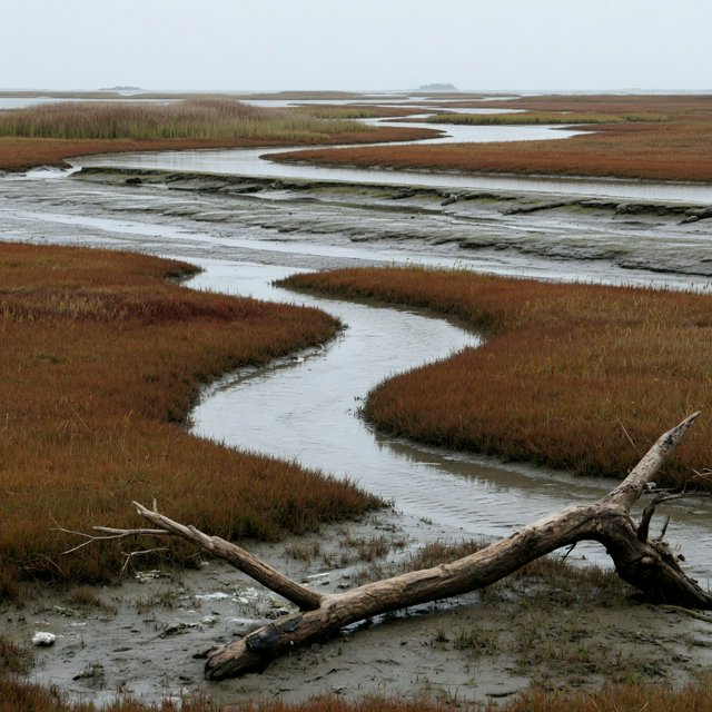 An expansive salt marsh at low tide under a pale overcast afternoon, winding channels reflecting silver sky between russet grasses, a weathered driftwood branch in the foreground, distant reeds and receding mud ridges revealing layered depth and wet natural texture. — Grok Imagine Image Quality