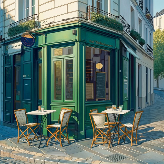 A tiny corner café in a narrow European street, green tiled facade, two bistro tables, morning light, no people. — Midjourney Niji 7