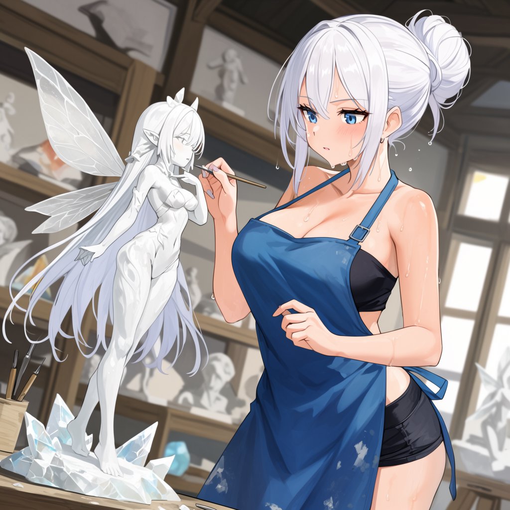 A pulchritudinous, gorgeous, exotic East Asian beauty, aged 24, inside an atelier, wearing a loose workshop apron, a tube top, and hot pants. Sweating profusely, she remains concentrated. She has a focused posture and expression as she looks at the crystalline object in the foreground that she is sculpting into a small, detailed fairy with high precision and clarity. Three-quarter-body mid-shot, Dutch angle. — Krea 2 Large