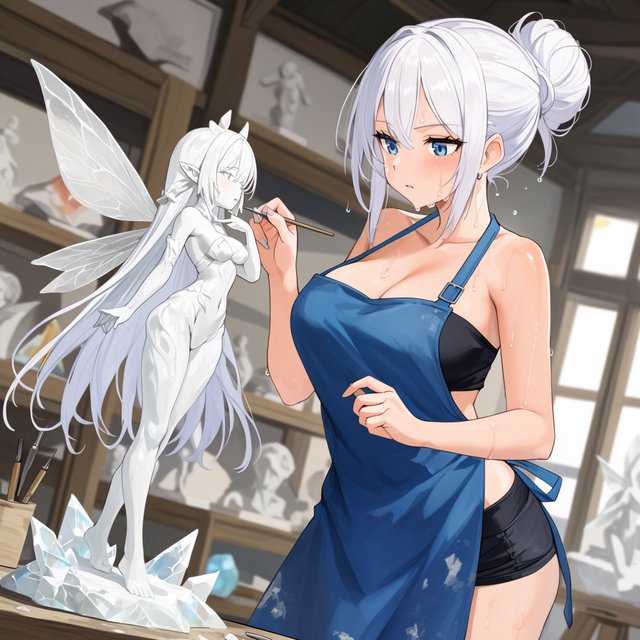 A pulchritudinous, gorgeous, exotic East Asian beauty, aged 24, inside an atelier, wearing a loose workshop apron, a tube top, and hot pants. Sweating profusely, she remains concentrated. She has a focused posture and expression as she looks at the crystalline object in the foreground that she is sculpting into a small, detailed fairy with high precision and clarity. Three-quarter-body mid-shot, Dutch angle. — Model 10