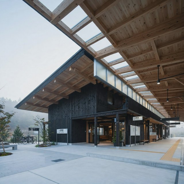 Contemporary Japanese timber train station, charred cedar cladding, pale concrete platform, broad pitched roof with exposed beams and translucent clerestories, cool morning light, viewed obliquely from the quiet approach plaza, precise straight lines and plausible structure. — Muse Image 1.0