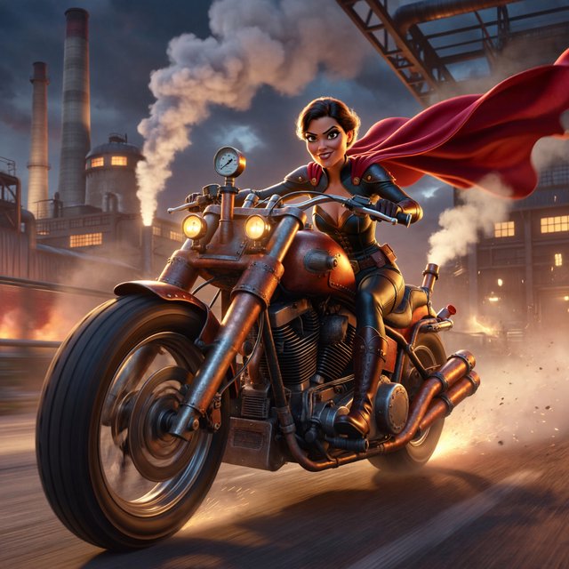 A modeled 3D character design featuring exaggerated, caricatured proportions and a striking silhouette—combined with subtle, nuanced skin shading and warm, cinematic rim lighting—creates an elegant aesthetic reminiscent of modern animated films. The result is a polished, stylized rendering characterized by rich color depth, expressive caricatured facial features, painterly texture details, and a dramatic, theatrical atmosphere typical of contemporary animation. An adult female superhero with a flowing cape on a moving motorcycle. Dieselpunk style. — ImagineArt 2