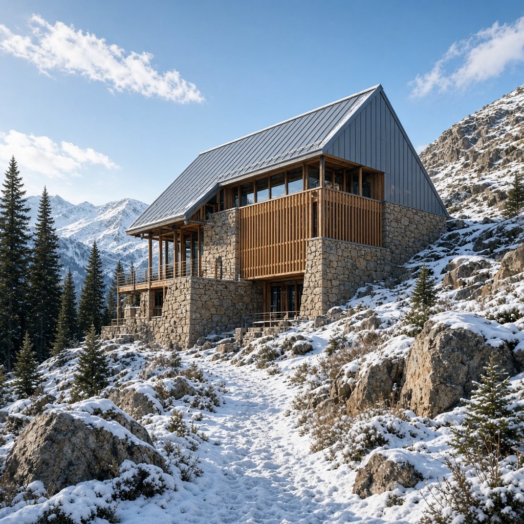 Exterior of a contemporary alpine research lodge in restrained regional modernism, rough granite walls, larch screens, steep standing-seam roof, crisp snow-bright morning light, viewed from below across a mountain footpath, sound structural geometry. — Grok Imagine Image 2