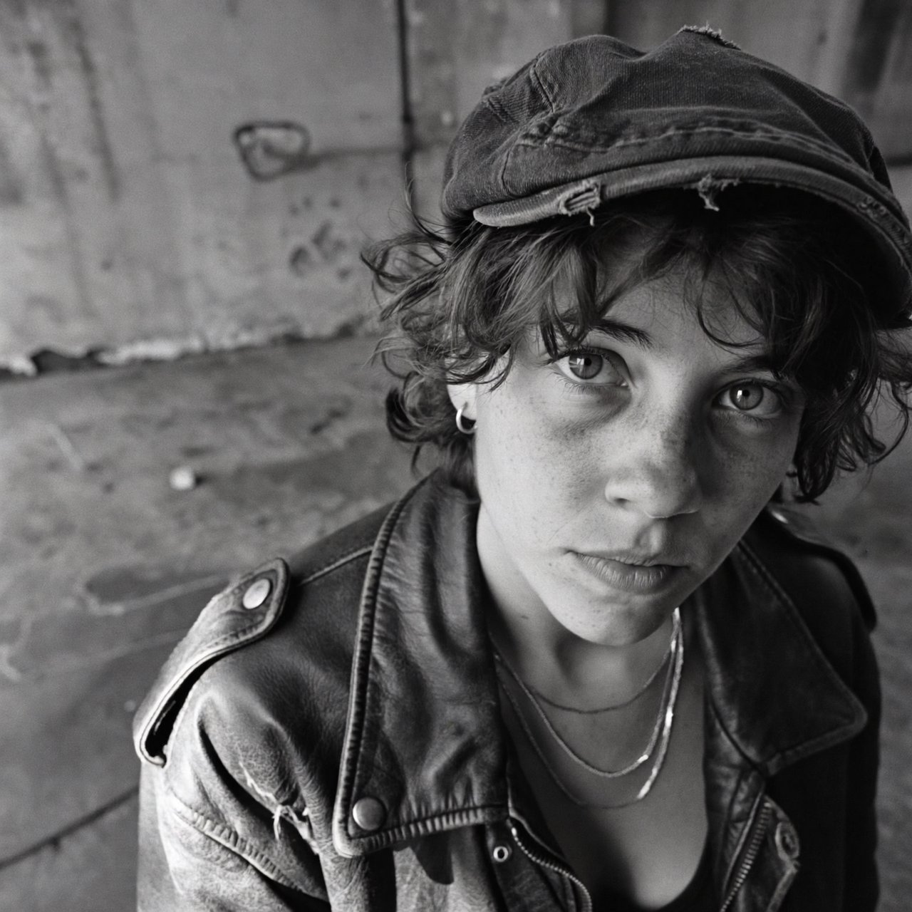 A monochrome, grainy, photorealistic medium close-up shot from a high angle: a young woman with messy, short curls, fair, freckled skin, and an intense, direct gaze into the camera. She is wearing a faded, worn-in black flat cap, a distressed vintage leather jacket over a dark undershirt, several thin silver chains, and a small hoop earring. Soft, diffused side lighting from the left casts gentle shadows across her face. In the background, a weathered wall with peeling plaster. Shallow depth of field, a moody, gritty film aesthetic, and sharp focus on the subject's eyes. — ImagineArt 2