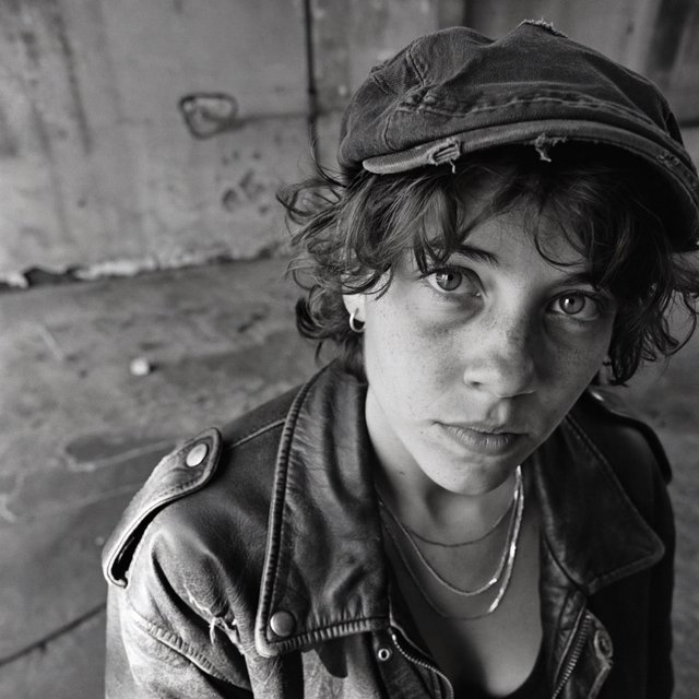 A monochrome, grainy, photorealistic medium close-up shot from a high angle: a young woman with messy, short curls, fair, freckled skin, and an intense, direct gaze into the camera. She is wearing a faded, worn-in black flat cap, a distressed vintage leather jacket over a dark undershirt, several thin silver chains, and a small hoop earring. Soft, diffused side lighting from the left casts gentle shadows across her face. In the background, a weathered wall with peeling plaster. Shallow depth of field, a moody, gritty film aesthetic, and sharp focus on the subject's eyes. — ImagineArt 2