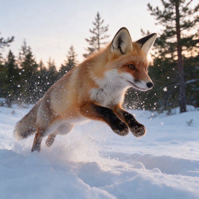A red fox springs through powdery snow at the edge of a pine forest, ears forward and paws suspended. A real-world wildlife telephoto photograph in pale dawn light, 300mm lens, with snow crystals frozen midair. — Model 20
