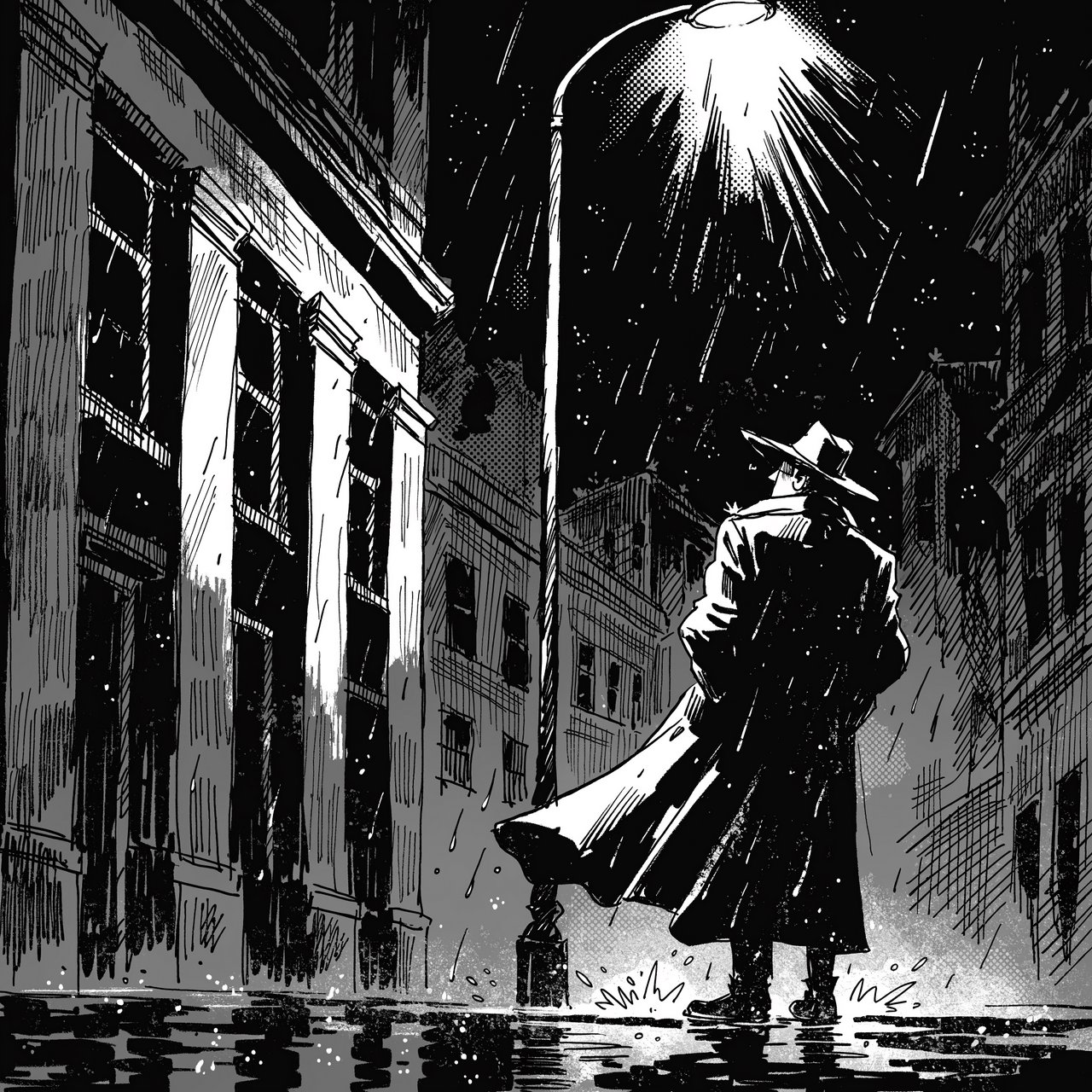 Comic panel of a detective in a trench coat under a streetlamp in the rain, bold ink, halftone shading, no speech bubbles. — Recraft v4 Pro