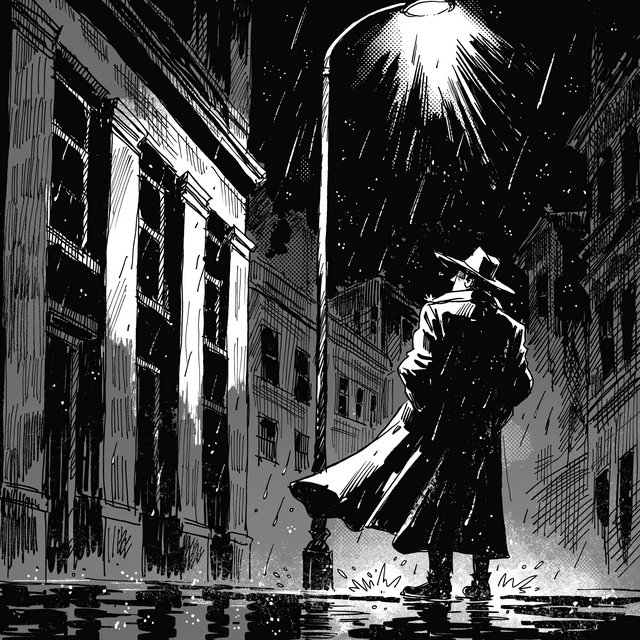 Comic panel of a detective in a trench coat under a streetlamp in the rain, bold ink, halftone shading, no speech bubbles. — Recraft v4 Pro