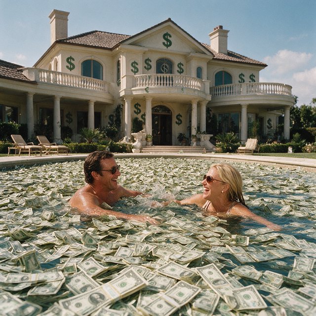 A wealthy adult couple swimming in a huge pool full of money, near a huge mansion with dollar signs on it, with a fun, happy vibe. — Seedream 5.0 Pro