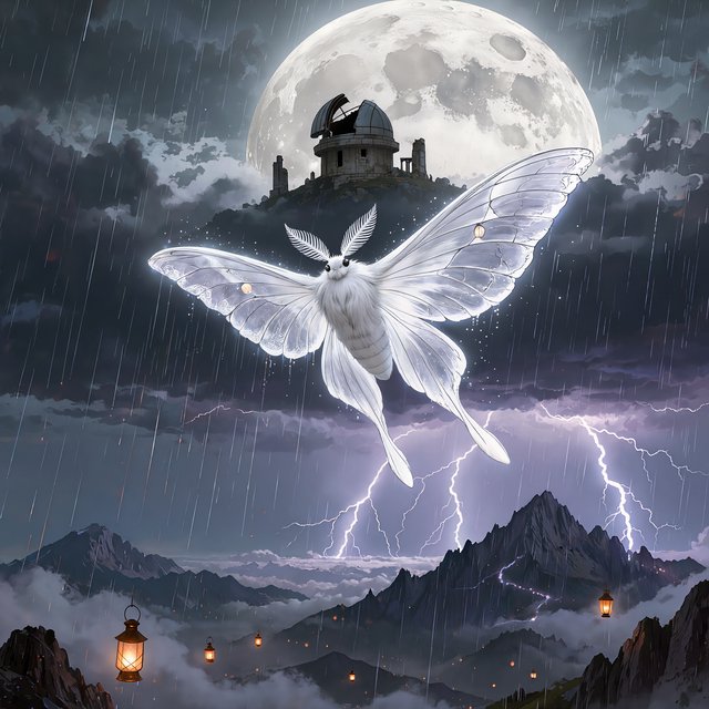 A colossal moon-moth creature glides above a stormy mountain range, its translucent wings glowing with silver veins and carrying a ruined observatory on its back. Lightning silhouettes distant peaks while amber lanterns shimmer through rain and cloud. — Kling v3