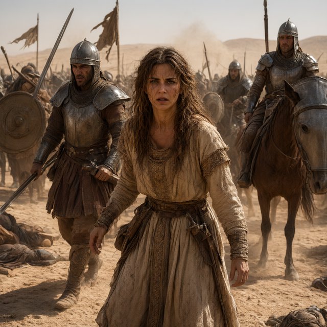Film capture. Cinematic scene of the Byzantine empress being captured by Sassanid cataphracts. Harsh desert lighting. Shallow depth of field. The image takes place in the aftermath of a battle. All of the subjects are dusty and disheveled. — Qwen Image 3.0
