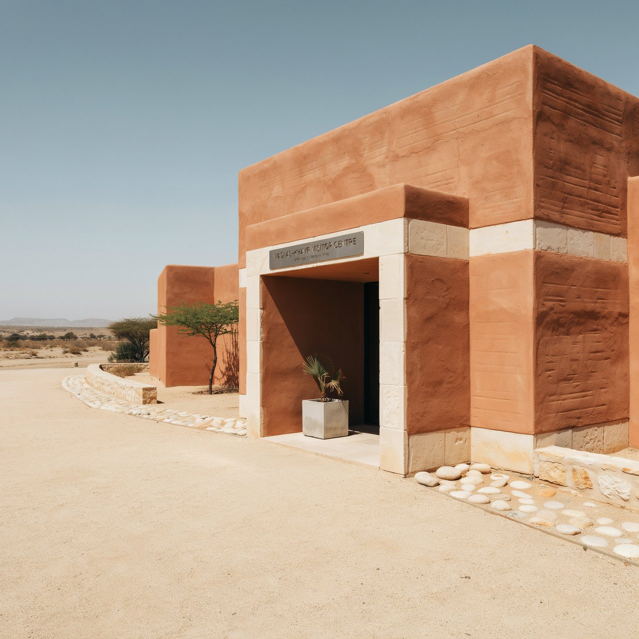 A contemporary desert visitor pavilion built from rust-colored rammed earth and pale limestone sits beside a dry wadi; deep shaded openings frame the courtyard. Hard midday sun, viewed from the gravel approach, crisp geometry and believable construction. — Ideogram v4