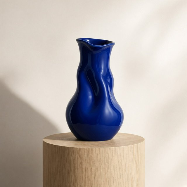 Commercial product photograph of an unbranded sculptural ceramic vase, formed from glossy cobalt porcelain, standing on a pale oak pedestal against a warm ivory background, illuminated by soft directional daylight and subtle fill. — Grok Imagine Image 2