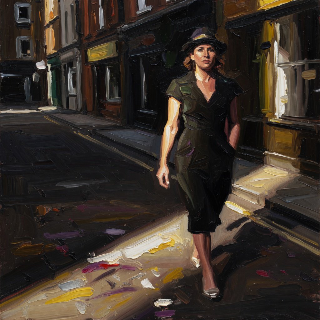 Confident, loaded brushstrokes build flesh from a tightly restricted range of warm earths, black, and white, allowing skin to glow through close value control. Thick ridges of paint make bodies feel weighty and physically immediate. Hard theatrical illumination cuts across the forms, while lurid complementary accents flare against deep shadow. Edges alternate between blunt definition and swift painterly loss, leaving subjects and settings compositionally intact. Quiet streets whisper / Her footsteps echo softly / Sunlight paints her path — Grok Imagine Image Quality
